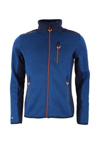 Giacca in pile blu con accenti blu marino, colletto alto e tasche con zip arancioni. Presenta un tessuto testurizzato e dettagli a zip a contrasto.