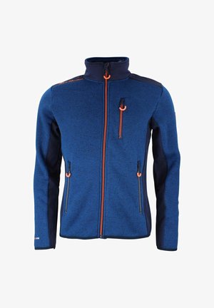 Blå fleecejakke med marineblå detaljer, høj krave og orange lynlåslommer. Har struktureret stof og kontrasterende lynlåsdetailler.
