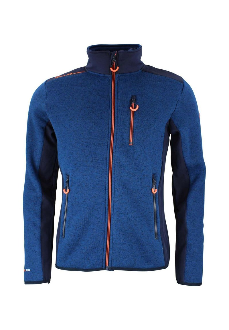 Giacca in pile blu con accenti blu marino, colletto alto e tasche con zip arancioni. Presenta un tessuto testurizzato e dettagli a zip a contrasto.