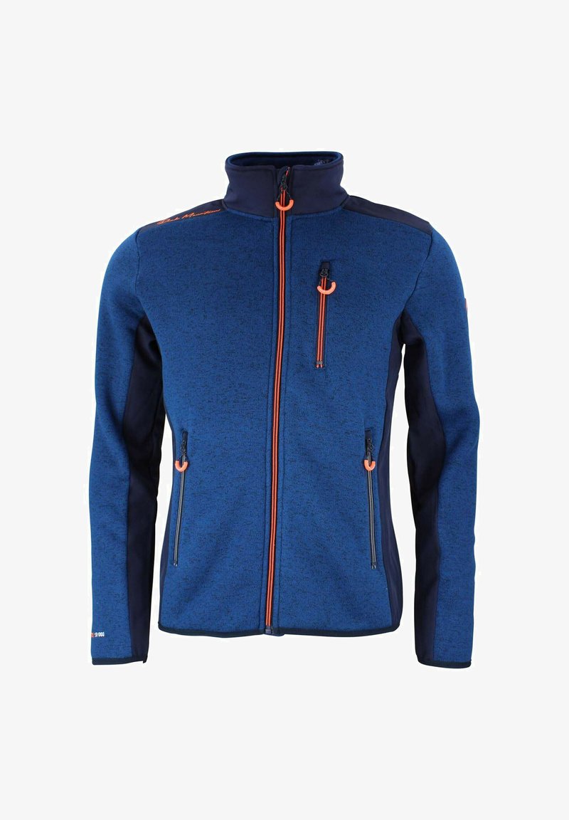 Giacca in pile blu con accenti blu marino, colletto alto e tasche con zip arancioni. Presenta un tessuto testurizzato e dettagli a zip a contrasto.