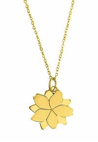 Collana in oro con un pendente floreale testurizzato composto da sei forme simili a petali, bordi lisci e una finitura lucida.