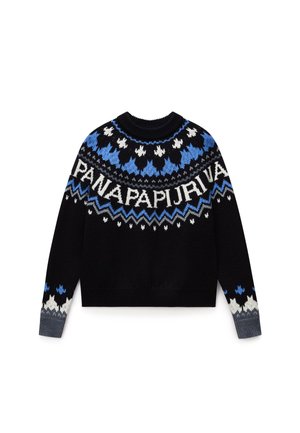 Pull noir avec un col rond orné d'un motif fair isle bleu, blanc et gris. Poignets et ourlet côtelés avec des détails décoratifs.