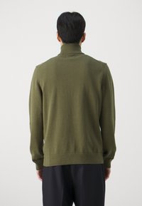 Dunkelgrüner Strickpullover mit hohem Kragen, gerader Passform, gerippten Bündchen und Saum, von hinten präsentiert.
