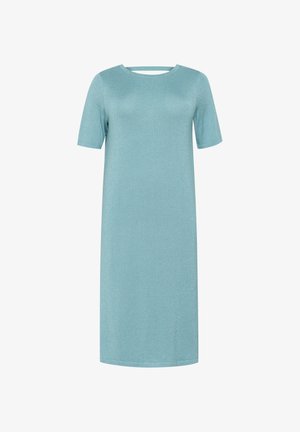 Šviesiai mėlyna, trumpomis rankovėmis, iki kelių ilgio suknelė, pagaminta iš blizgaus, tekstūrinio audinio, su apvalia iškirpte ir tiesiu siluetu.