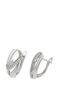 Orecchini a cerchio in tono argento con un design texturizzato e una fila di cristalli scintillanti che accentuano il centro. Inclusa una chiusura a scatto sicura.