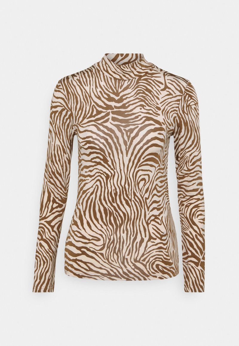 Haut à manches longues avec un motif zébré en marron et crème, confectionné dans un tissu lisse et léger avec un col montant.