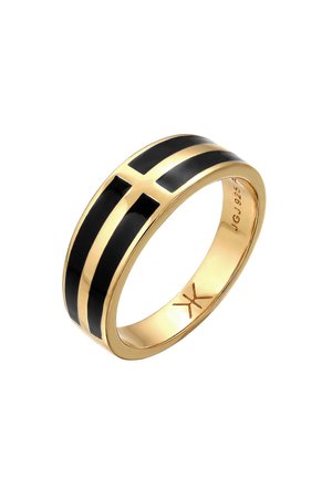 Guld ring med sorte emaljestriber i et kvadratisk mønster rundt om båndet, graveret med "JG 925" og et stjernelignende symbol indeni.