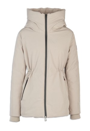 Beige insulated jacket with a high collar, front zipper, drawstring waist, two side pockets, and knit cuffs. Smooth fabric texture.