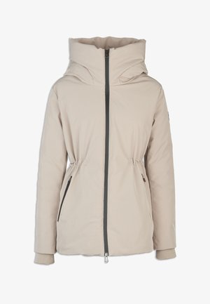 Veste isolante beige avec un col montant, fermeture éclair devant, taille ajustable par cordon de serrage, deux poches latérales et poignets en tricot. Texture de tissu lisse.