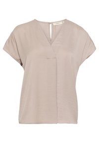 Ljust beige kortärmad blus i ett mjukt tyg med V-ringning och central korsning. Bakre nyckelhålsöppning med knäppning.