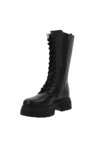 Zwarte leren kniehoge combatlaars met een stevige zool, voorveters, zijrits en een gladde textuur. Beschikt over een verstevigde neus en hiel.