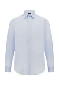 Camicia a maniche lunghe di colore azzurro, realizzata in tessuto liscio, con colletto alla francese e bottoni frontali. Presenta un orlo dritto e manicotti con risvolto.