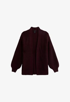 Strickjacke in tiefem Burgunderrot, mit offenem Frontdesign, weiten Ärmeln, strukturiertem Rippmuster und ohne Verschlüsse. Weiches Material.