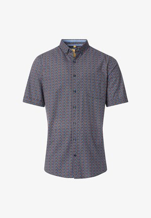 Kurze Ärmel Button-up-Hemd mit einem mehrfarbigen geometrischen Muster, blauen Akzenten und einem klassischen Kragen. Material aus Baumwollmischung.