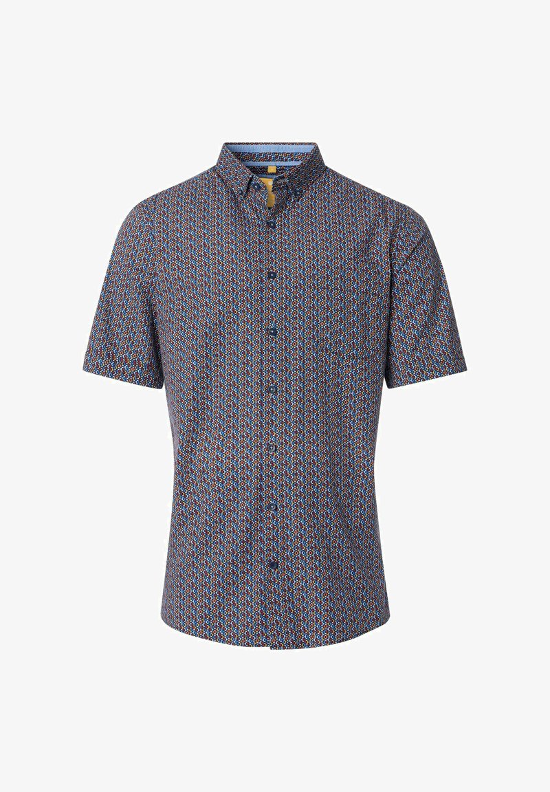 Korte mouw button-up shirt met een multicultureel geometrisch patroon, blauwe accenten en een klassiek kraag. Gemaakt van katoenmix.