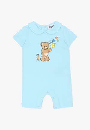 Tutina azzurro chiaro a maniche corte con grafica di un orsetto, colletto e chiusure a scatto sul fondo per facilitare la vestizione.