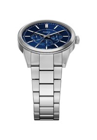Montre en acier inoxydable avec un cadran bleu, index argentés, trois sous-cadrans et une lunette texturée. Le bracelet a une finition polie et brossée.
