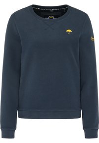 Sweatshirt bleu marine en tissu doux, avec un col rond, des poignets côtelés et un petit logo d'ombrelle jaune sur la poitrine.