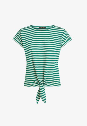 Grøn- og hvidstribet T-shirt med korte ærmer, rund halsudskæring og knudedetalje foran ved taljen. Fremstillet af glat stof.