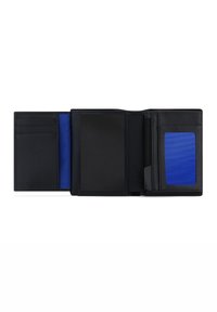Black leather wallet with multiple card slots, a blue accent panel, and a zipped compartment, featuring a smooth texture and rectangular shape.