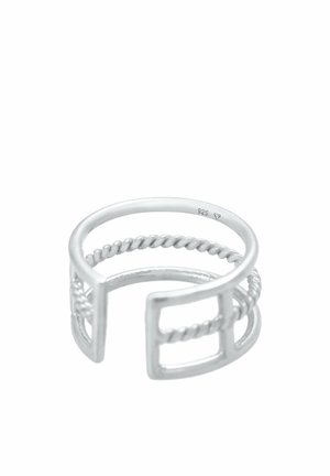 Silberner offener Ring mit zwei verdrehten Bändern und quadratischen Ausschnitt-Designs auf jeder Seite, innen mit 925 markiert.