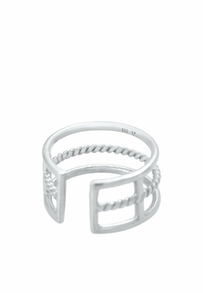 Bague ouverte en argent avec deux bandes torsadées et des découpes carrées de chaque côté, marquée 925 à l’intérieur de l’anneau.
