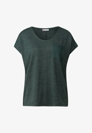 Krátký rukáv, tmavozelené tričko s kulatým výstřihem a kapsou na hrudi. Tkanina vypadá měkce s jemnou melírovanou strukturou.