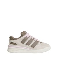 Light beige suede sneaker with brown accents, pink laces, and three dark stripes. Features breathable mesh and a white rubber sole.