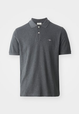 Dark gray polo shirt made of cotton. Features a classic collar, three-button placket, short sleeves, and a small embroidered logo on the chest.