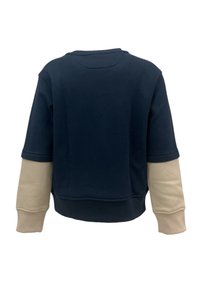 Felpa blu navy con maniche lunghe beige, scollo rotondo e design cropped. Tessuto morbido, adatta per un abbigliamento casual.