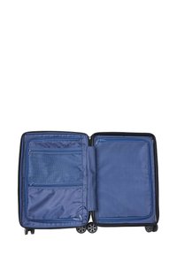 Maleta rodante azul con un diseño abierto, que presenta dos compartimentos, un bolsillo de malla con cremallera y ruedas suaves para facilitar la movilidad.