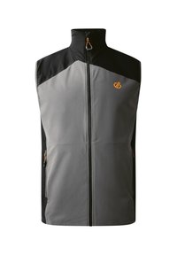 Gray and black sleeveless vest with a high collar, featuring a front zipper and side pockets. The design includes an orange logo and accents.