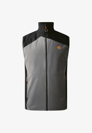 Graue und schwarze ärmellose Weste mit hohem Kragen, ausgestattet mit einem Frontreißverschluss und Seitentaschen. Das Design enthält ein orangefarbenes Logo und Akzente.