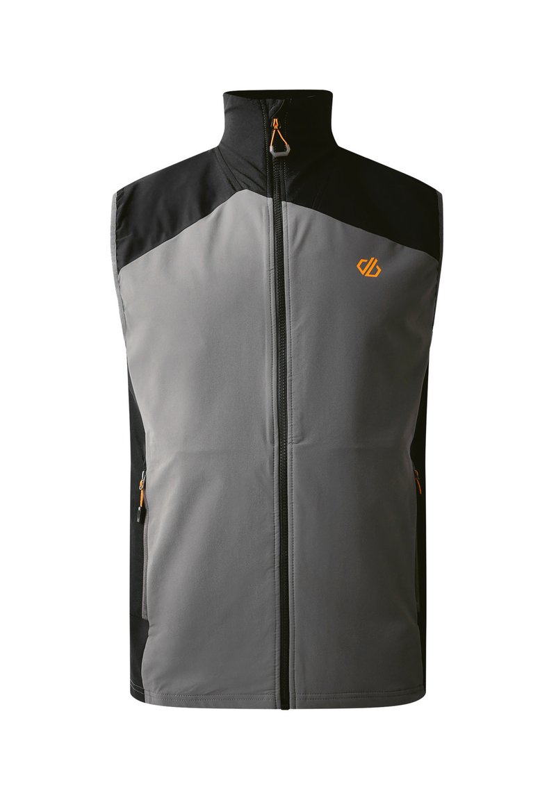 Gray and black sleeveless vest with a high collar, featuring a front zipper and side pockets. The design includes an orange logo and accents.