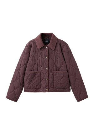 Dunkelbraune gesteppte Jacke mit Cordkragen, Druckknöpfen und zwei Fronttaschen.