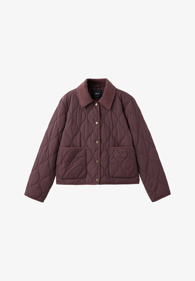 Veste matelassée marron foncé avec col en velours côtelé, boutons-pression et deux poches avant.