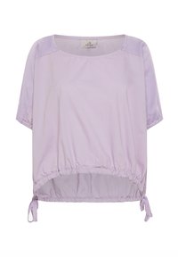 Lila t-shirt med kort ärm och rund halsringning, med rynkad nederkant och dragsko detaljer på sidorna. Mjuk, slät tyg med minimal struktur.