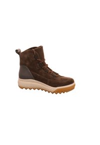 Botte cheville en daim marron avec un panneau texturé noir, bout rond, devant à lacets et semelle blanche et en caoutchouc gomme rembourrée avec un motif en zigzag.