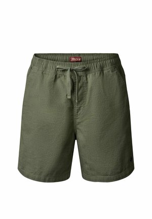 Olivengrønne herreshorts med elastisk taljebånd, snørelukning, sidelommer og lille logo-broderi på venstre ben.