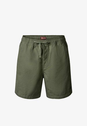 Olivengrønne herreshorts med elastisk taljebånd, snørelukning, sidelommer og lille logo-broderi på venstre ben.