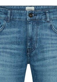 Lichte blauwe denim jeans met een gladde structuur, voorzien van een frontsluiting met knoop, riemlussen en een standaard zakontwerp.