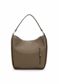Brown leather handbag with a textured surface, zippered top, and a front pocket. Features a single shoulder strap and a rounded shape.