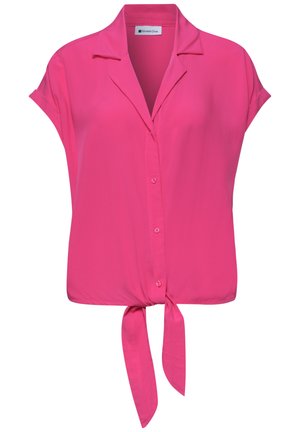 Bright pink short-sleeve button-up blouse with a collar and front tie knot at the hem.