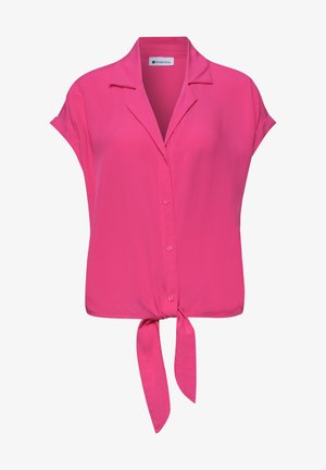 Bright pink short-sleeve button-up blouse with a collar and front tie knot at the hem.