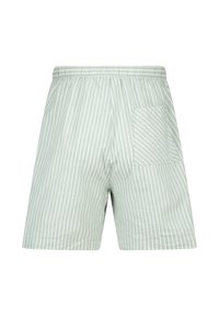 Light green shorts with vertical white stripes, elastic waistband, and a single back pocket with diagonal stripes.
