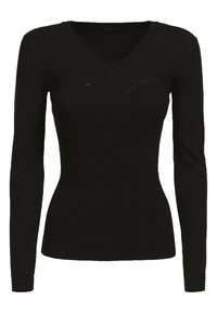 Pull à manches longues en rib de couleur noire avec un col en V et des détails subtils au niveau de la poitrine, présentant une coupe ajustée et un tissu texturé.