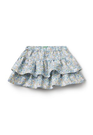 Jupe à motifs floraux avec des nuances de bleu, jaune et vert. Présente un design à volants avec une taille élastique pour le confort. Tissu léger.
