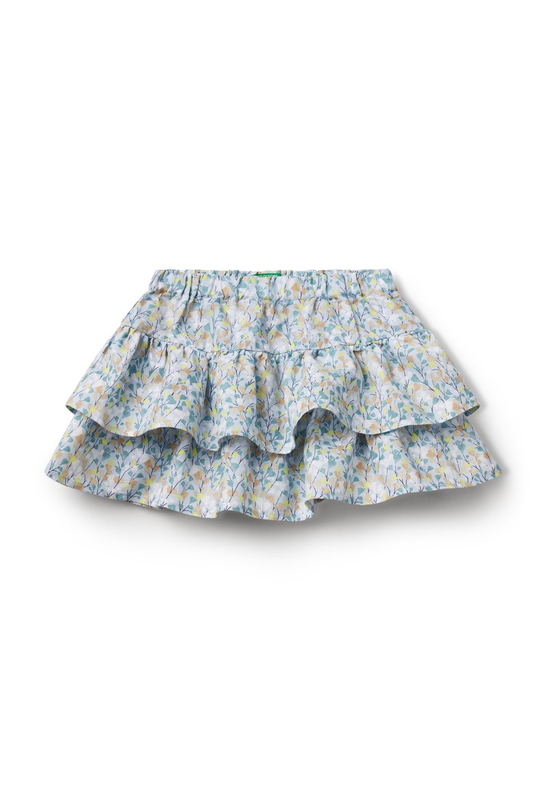 Falda con estampado floral en tonos azules, amarillos y verdes. Presenta un diseño con volantes y una cinturilla elástica para mayor comodidad. Tejido ligero.