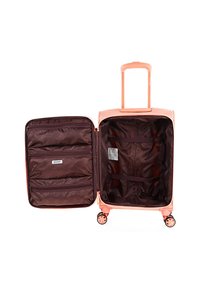 Maleta de mano de carcasa dura en rosa claro, con un interior con cremallera y forro marrón, bolsillos de malla y correas ajustables. Cuatro ruedas.