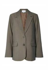Olijfgroen blazer met een geknipt kraag, enkelvoudige sluiting, twee voorzakken en een bruine satijnen voering. Voorzien van twee knopen.